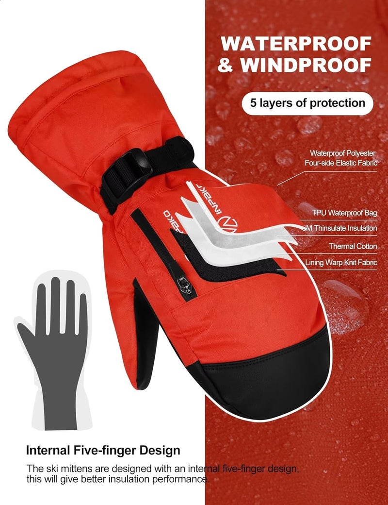 INPAKO Winter Ski Mittens Men Women, 3M Thinsulate Waterproof Mittens with Inside Glove Liners, Touchscreen Snowboarding Gloves, 5-Layer Thermal Warm Cold Weather Snow Gloves for Skiing, Snowboard - Image 3